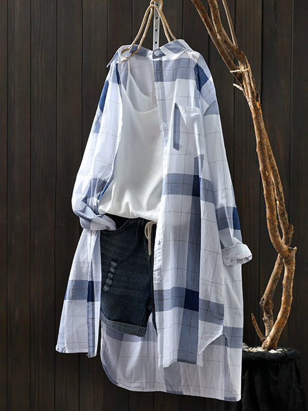 Contrast Color Plaid Sun Protection Long Sleeves Loose Lapel Collar Blouses&Shirts Tops