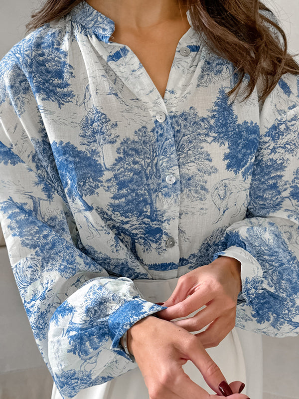 Floral Printed Pleated Split-Joint Loose Puff Sleeves Stand Collar Blouses&Shirts Tops