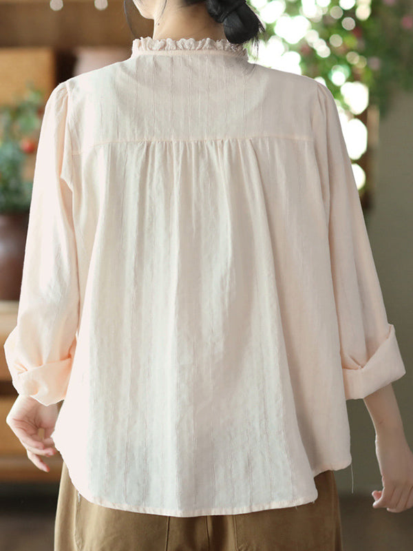Embroidered Long Sleeves Loose Round-Neck Blouses&Shirts Tops