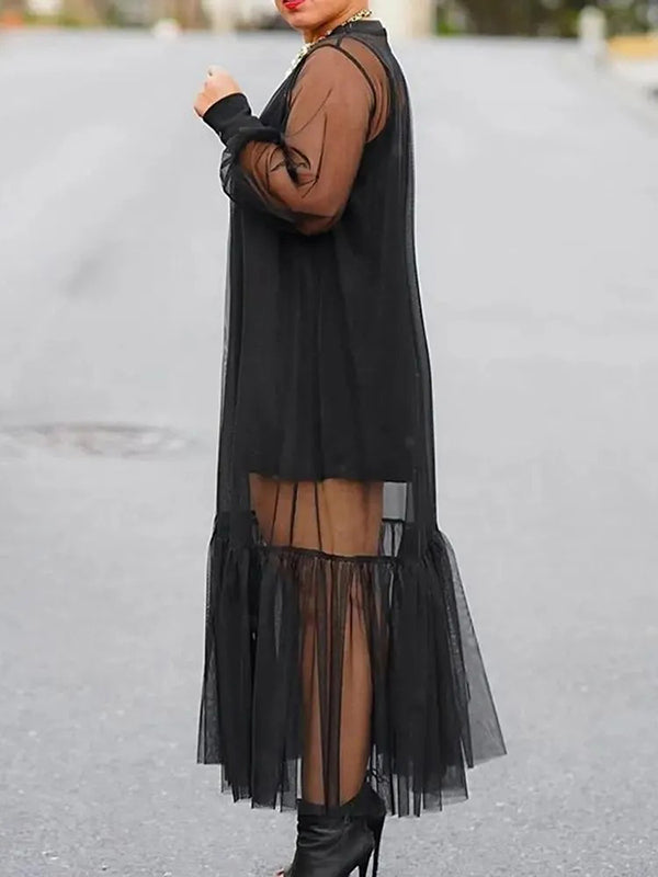 Loose Puff Sleeves Gauze Pleated Solid Color Outer Maxi Dress + Spaghetti-neck Mini Dress Two Pieces Set