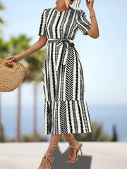 Split-Joint Striped Tied Waist A-Line Loose Round-Neck Midi Dresses