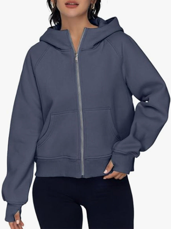 Pockets Solid Color Zipper Hooded Long Sleeves Outerwear Jackets