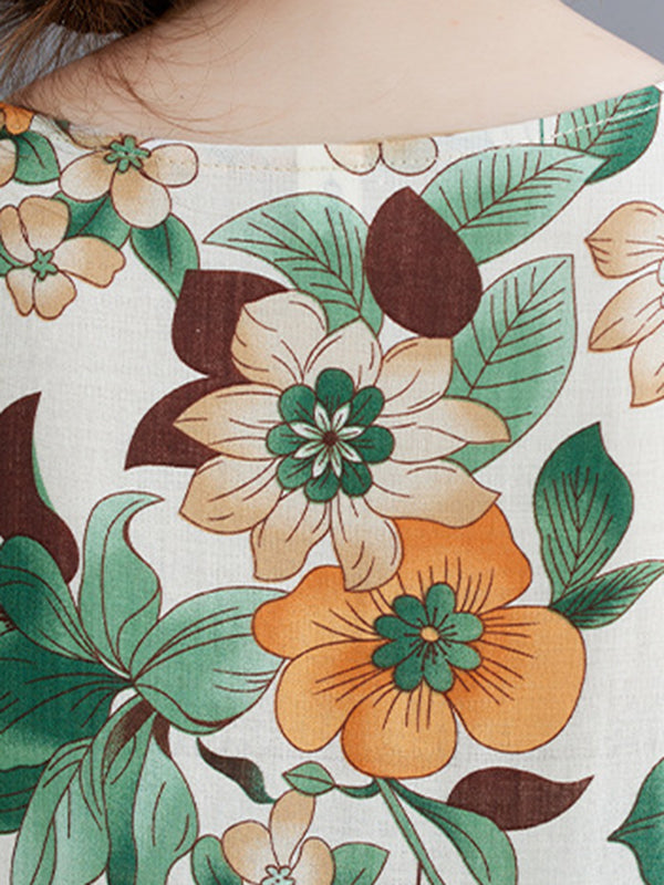 Floral Printed Pleated Split-Joint Loose Short Sleeves Round-Neck Midi Dresses