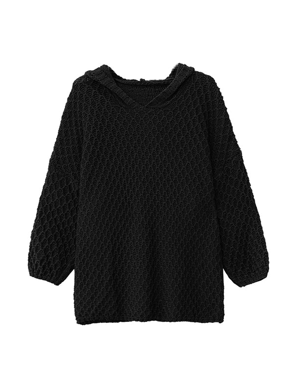 Hollow Solid Color Long Sleeves Loose Hooded Sweater Tops