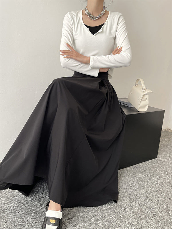 Pleated Solid Color Split-Joint A-Line High Waisted Skirts Bottoms