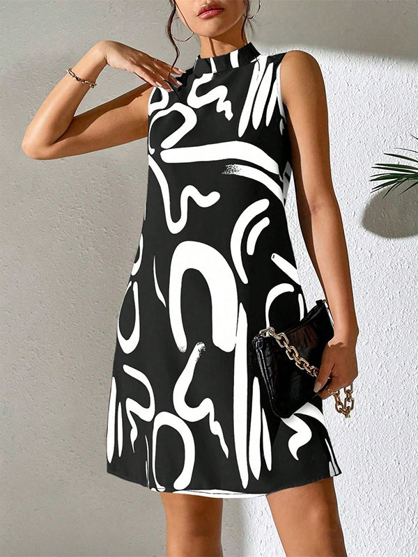Contrast Color Printed A-line Sleeveless Mini Dresses