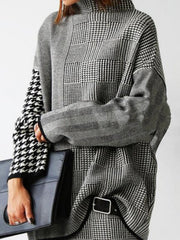 Houndstooth Plaid Long Sleeves Loose High Neck Sweater Tops Pullovers