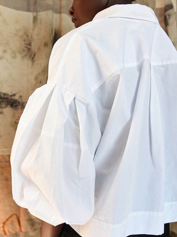 Loose Puff Sleeves Solid Color Split-Joint Lapel Blouses