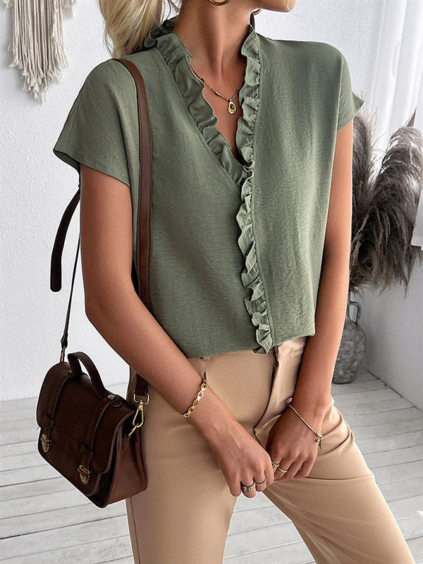 Ruffle Trim Solid Color Loose Short Sleeves V-Neck Blouses&Shirts Tops