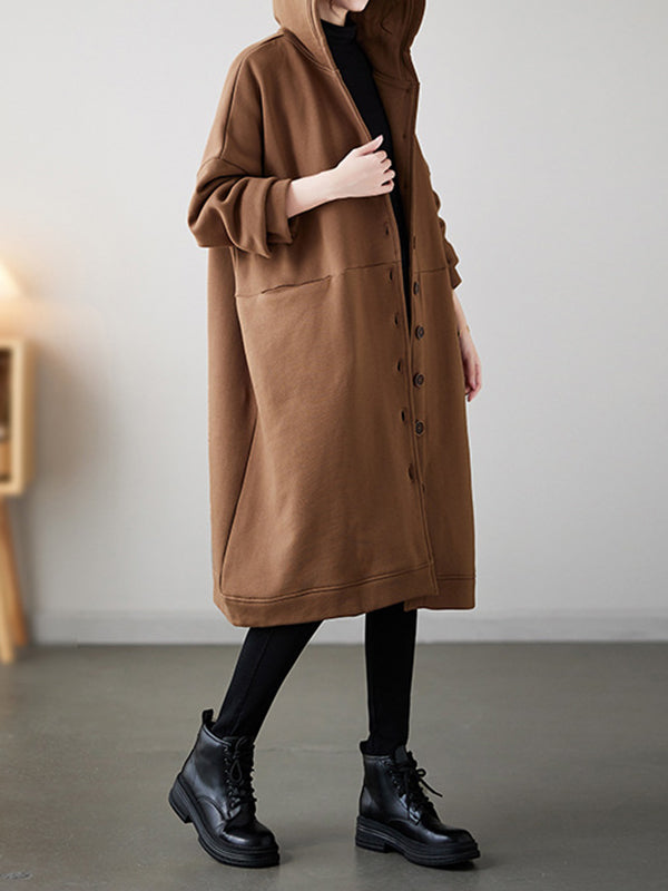 Buttoned Pockets Long Sleeves Loose Hooded Outerwear