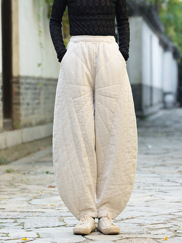 Casual Loose Keep Warm Quilted Solid Color Padded Bloomers Pants
