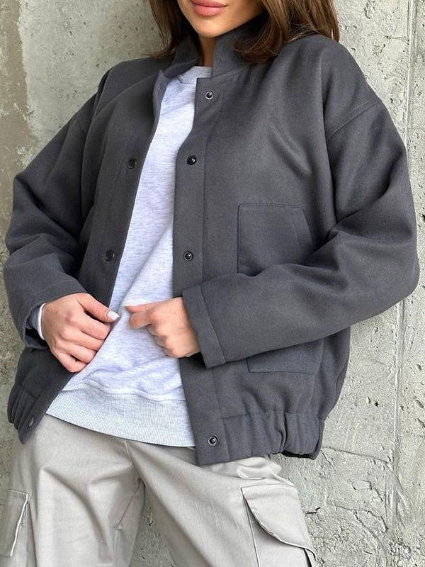 Buttoned Elasticity Pockets Solid Color Split-Joint Long Sleeves Loose Stand Collar Outerwear Jackets