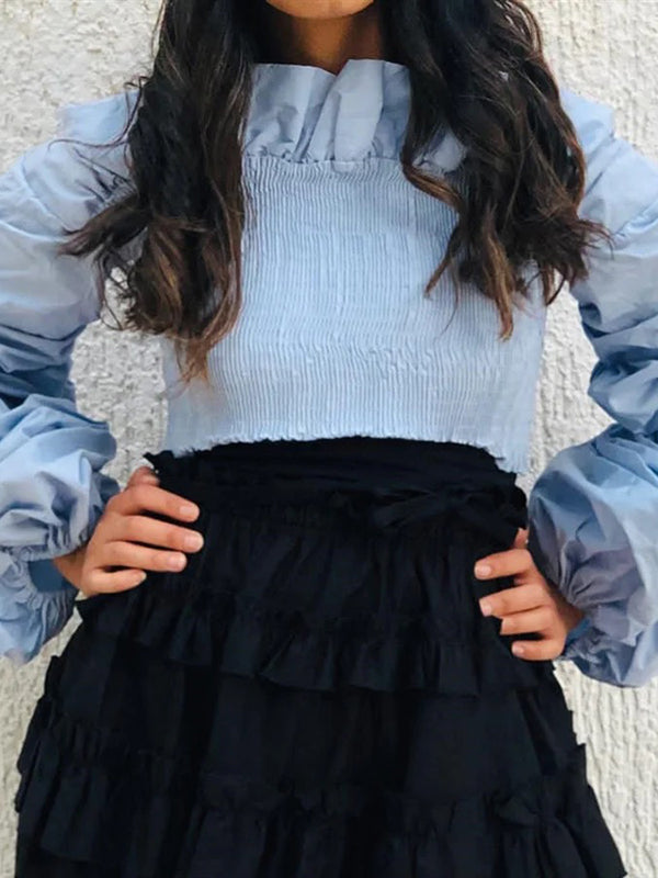 Elasticity Ruffle Trim Solid Color Split-Joint Long Sleeves Loose Off-The-Shoulder Blouses&Shirts Tops