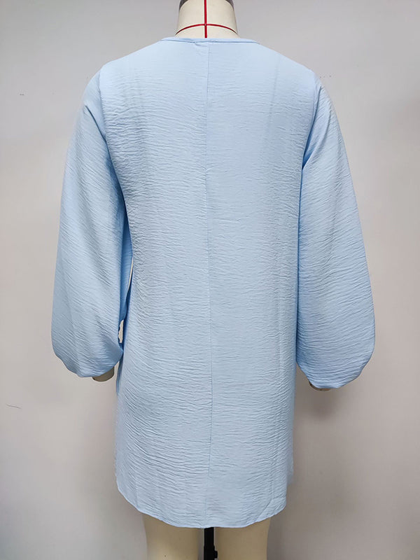 Ruffled Solid Color Loose Puff Sleeves V-Neck Mini Dresses