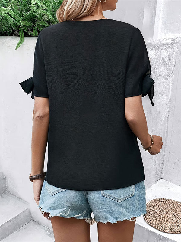 Hollow Sequined Split-Joint Tied Loose Short Sleeves V-Neck T-Shirts Tops