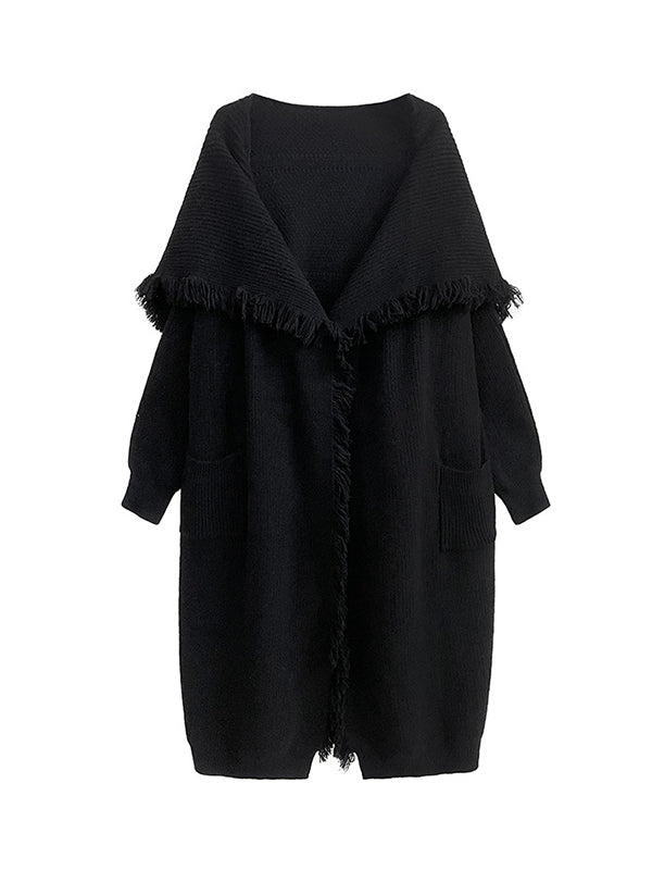 Fringed Pockets Solid Color Long Sleeves Loose V-Neck Cardigan Coats