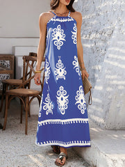 Contrast Color A-line Loose Halter-Neck Maxi Dresses