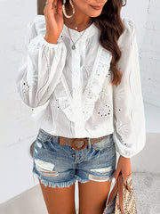Buttoned Hollow Ruffle Trim Solid Color Split-Joint Long Sleeves Loose Round-Neck Blouses&Shirts Tops