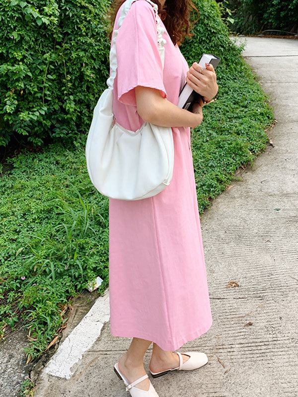 Loose Solid Color V-Neck Pleated With Pockets Midi Dresses