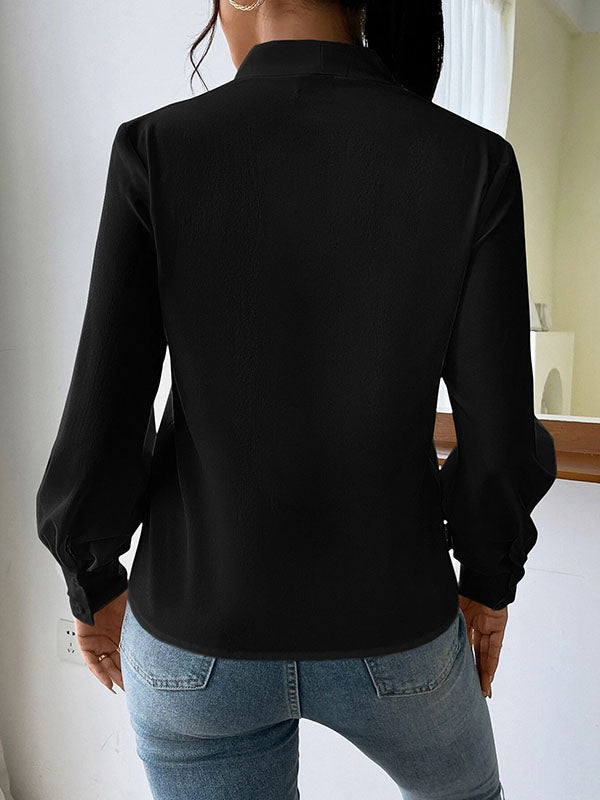 Pleated Solid Color Split-Joint Long Sleeves Loose V-Neck Blouses&Shirts Tops
