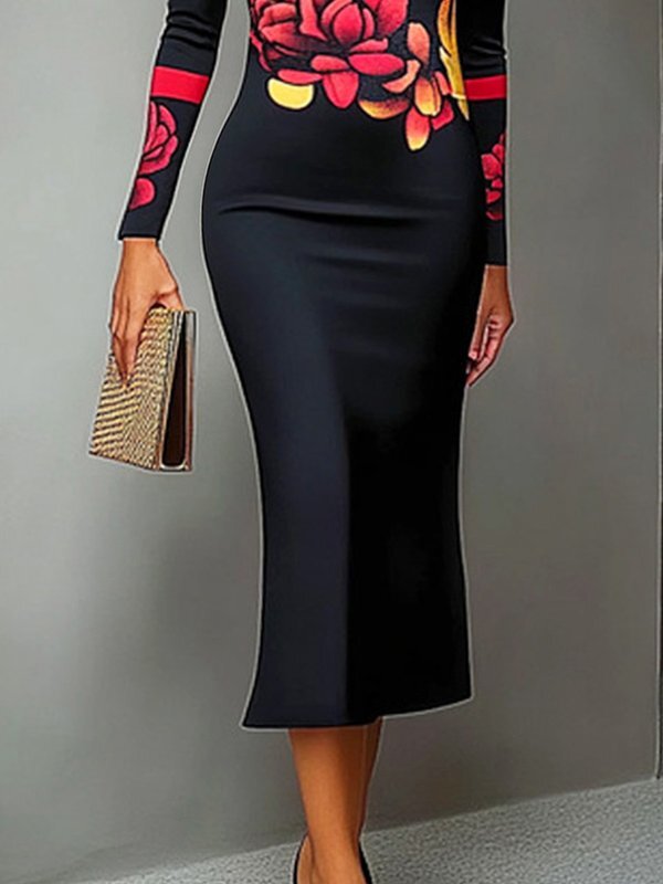 Flower Print Bodycon Long Sleeves High Neck Midi Dresses