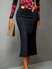Flower Print Bodycon Long Sleeves High Neck Midi Dresses