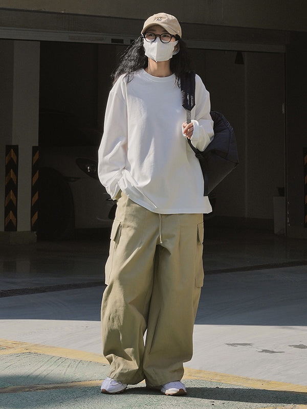 Casual Long Sleeves Loose Solid Color Round-Neck T-Shirts Tops