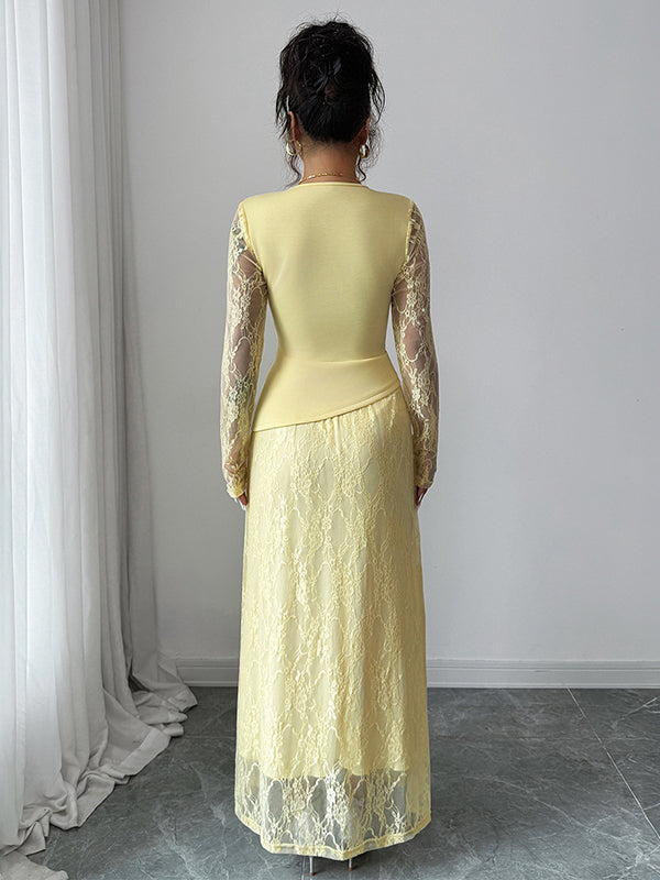 Asymmetric Flower Print Layered See-Through Solid Color Split-Joint A-Line Irregularity Round-Neck Maxi Dresses