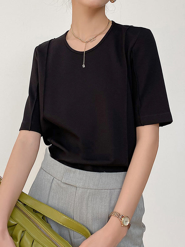Solid Color Split-Joint Half Sleeves Round-neck T-Shirts Tops