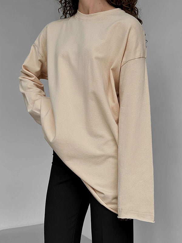 Solid Color Long Sleeves Loose Round-Neck T-Shirts Tops