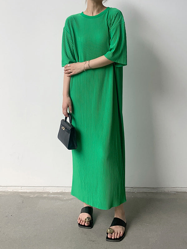 Pleated Solid Color Half Sleeves Loose Round-Neck Midi Dresses