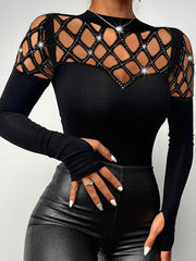 Hollow Rhine Stones Long Sleeves Skinny Mock Neck T-Shirts Tops