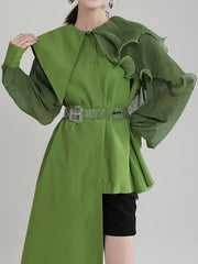 Asymmetric Pleated Solid Color Split-Joint Falbala Long Sleeves Loose Lapel Blouses&shirts Tops