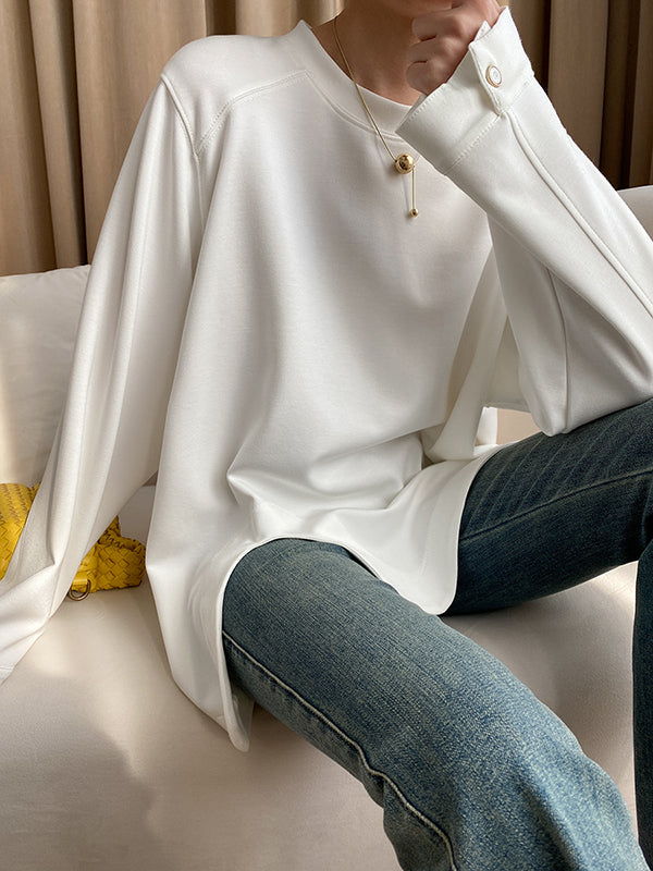 Cropped Loose Split-Side Solid Color Round-Neck T-Shirts Tops