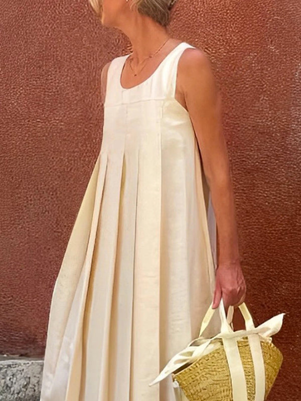 Pleated Solid Color Loose Sleeveless Round-Neck Maxi Dresses