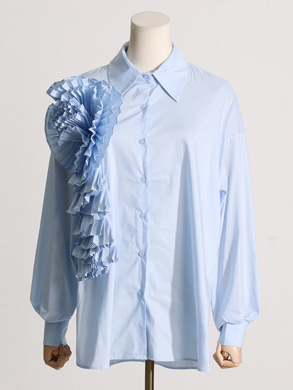 Asymmetric Buttoned Pleated Solid Color Split-Joint Three-Dimensional Flower Long Sleeves Loose Lapel Blouses&Shirts Tops
