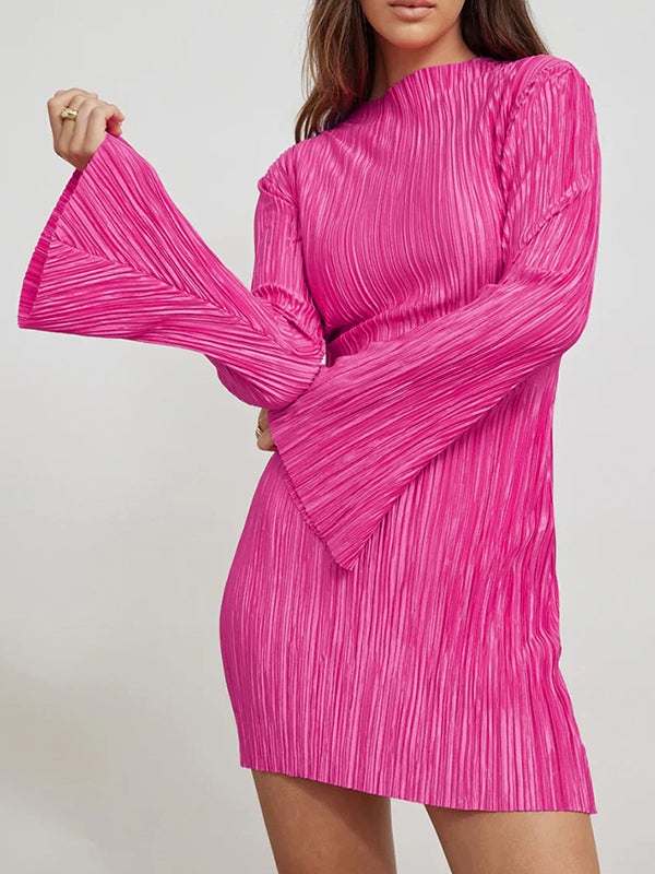 Pleated Solid Color Bodycon Flared Sleeves Mock Neck Mini Dresses
