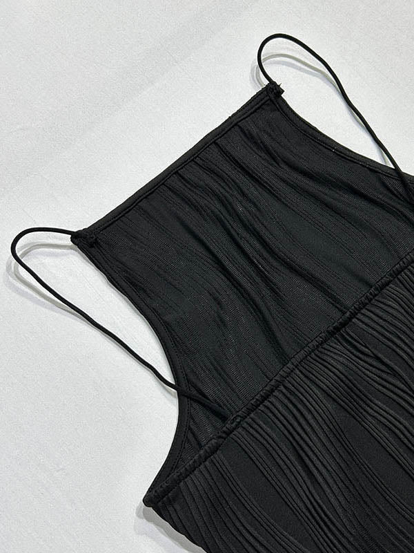 Pleated Solid Color Split-back Skinny Sleeveless Spaghetti-Neck Maxi Dresses