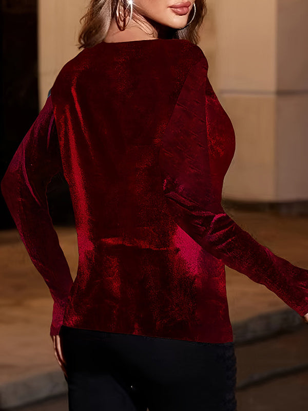 Solid Color Split-Joint Velvet Long Sleeves Loose Heaps Collar T-Shirts Tops