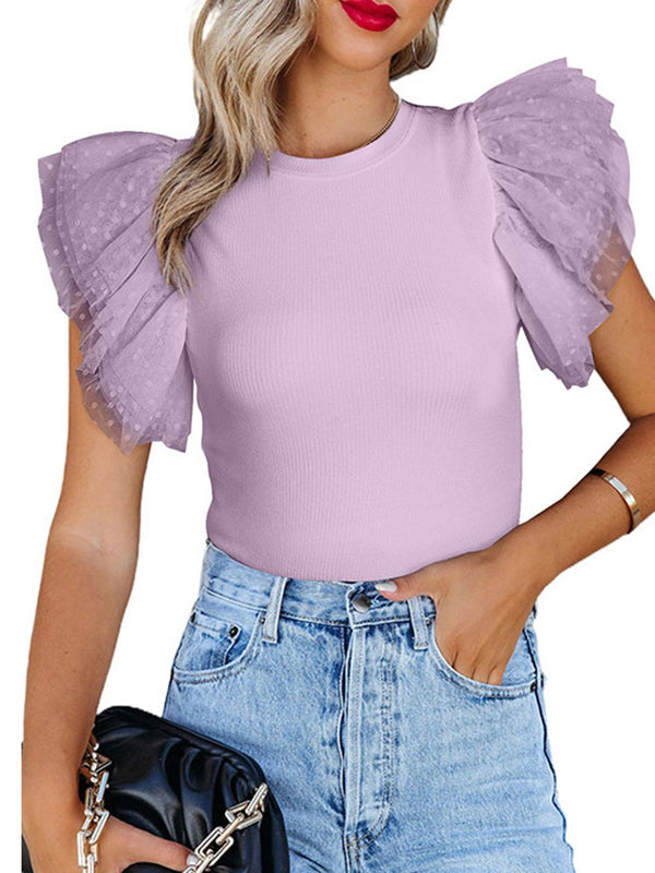 Split-Joint Ruffle Sleeves Skinny Round-Neck T-Shirts Tops