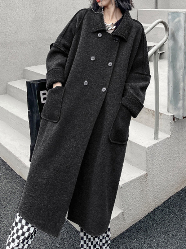 Buttoned Pockets Solid Color Velvet Long Sleeves Loose Lapel Woolen Coat