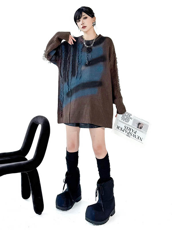 Abstract Printed Asymmetric Contrast Color Split-Joint Tasseled Irregularity Long Sleeves Round-Neck Sweater Tops