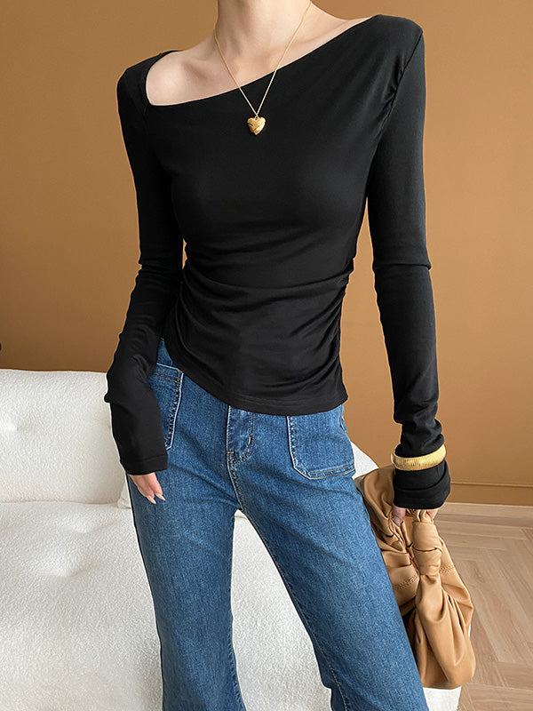 Solid Color Long Sleeves Skinny Asymmetric Collar T-Shirts Tops