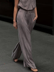 Solid Color Tied Waist Loose Sleeveless High Neck Vest Top&Casual Pants Bottoms Two Pieces Set