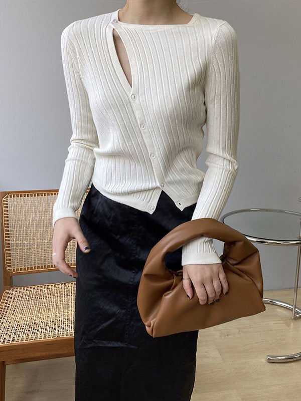 Asymmetric Solid Color Round-Neck Sweater Top
