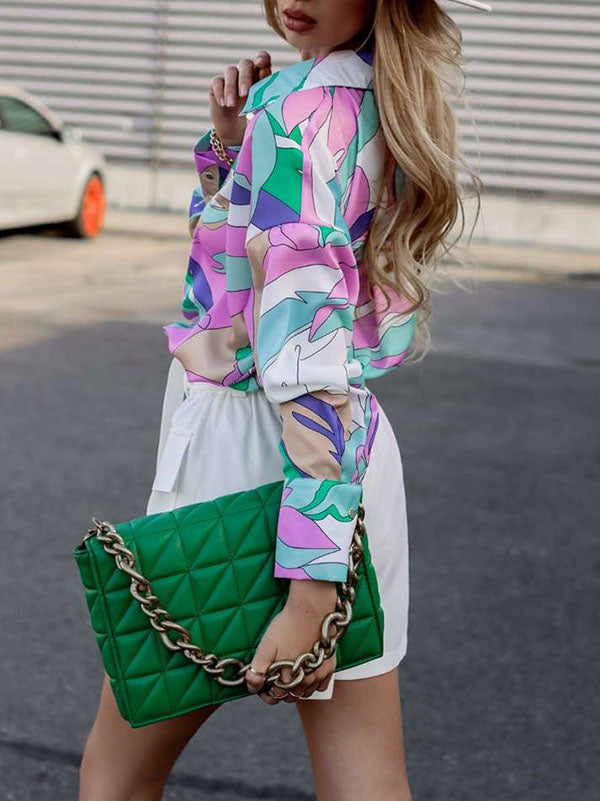 Contrast Color Printed Long Sleeves Loose Lapel Blouses