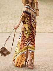 Printed Split-side Tiger Skin Pattern Batwing Sleeves Loose V-neck Maxi Dresses Beach Cover-Up