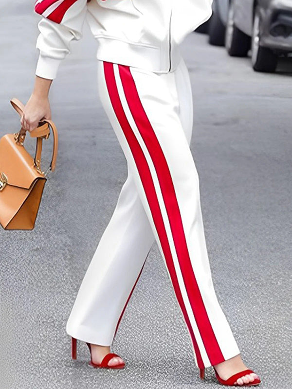 Contrast Color Split-Joint Striped Loose Straight Leg Trousers Pants