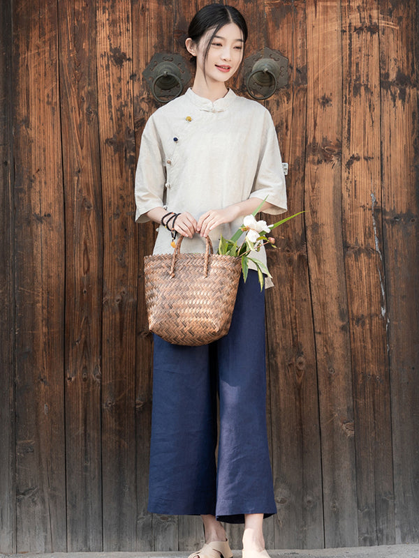 Artistic Retro Loose Half Sleeves Buttoned Contrast Color Stand Collar Blouses&Shirts Tops