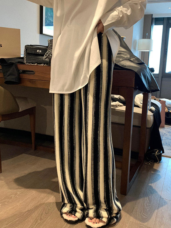 Casual Wide Leg Loose Drawstring Striped Pants